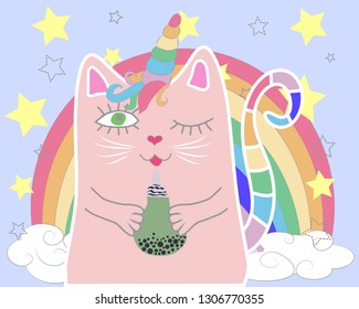 Cute cat unicorn with rainbow and slogan. hand drawn illustration.