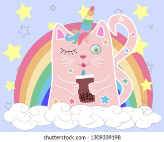 Cute cat unicorn with rainbow and slogan. hand drawn illustration.