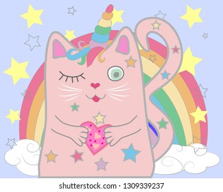 Cute cat unicorn with rainbow and slogan. hand drawn illustration.