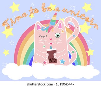 Cute cat unicorn with rainbow and slogan. hand drawn illustration.