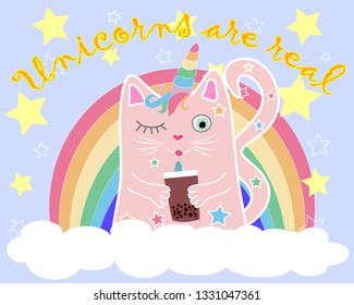 Cute cat unicorn with rainbow and slogan. hand drawn illustration