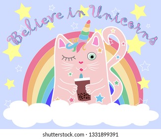 Cute cat unicorn with rainbow and slogan. hand drawn illustration