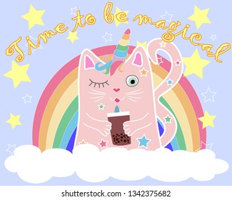 Cute cat unicorn with rainbow and slogan. hand drawn illustration