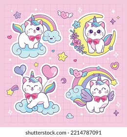 Cute cat unicorn   rainbow stickers cartoon vector illustration
