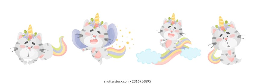 Cute Cat Unicorn with Rainbow Tail and Horn Vector Set