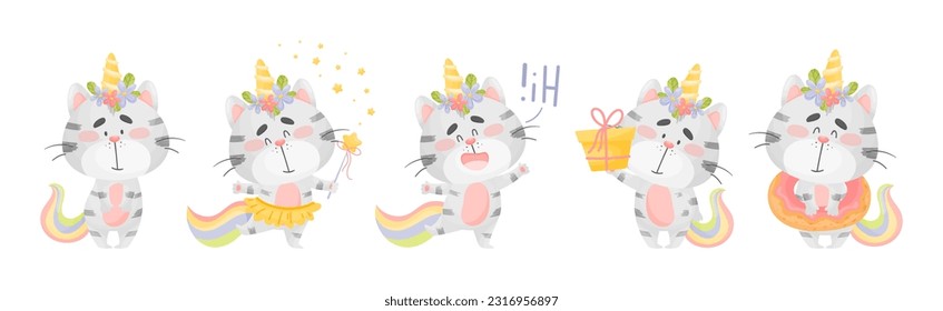 Cute Cat Unicorn with Rainbow Tail and Horn Vector Set