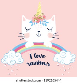 Cute cat unicorn with rainbow vector illustration for kids artworks, t-shirt prints, children books, greeting cards.