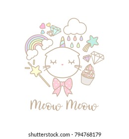 Cute cat unicorn set on white background. There are cute elements such as rainbow, cloud and cupcake.