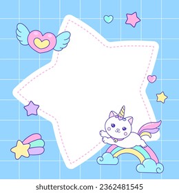 Cute Cat Unicorn star frame design for memo, sticky notes, planner, notepad background template