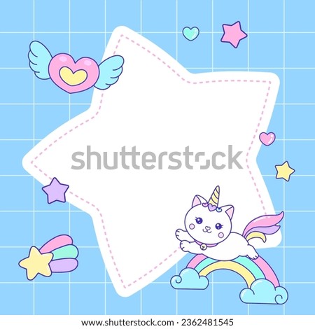 Cute Cat Unicorn star frame design for memo, sticky notes, planner, notepad background template