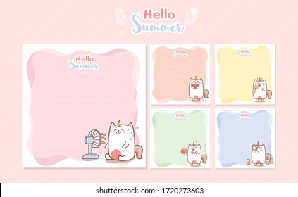 Cute Cat Unicorn Summer Memo Notes Template For Greeting Scrap Booking Card Design