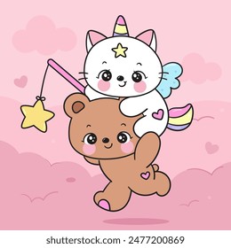 Lindo gato unicornio y oso de peluche atrapando la estrella mágica en el cielo dulces sueños cuentos de hadas. Serie: Beso de buenas noches cuento de la hora de dormir Kawaii animales durmiendo divertido gatito jugando (Caricatura del personaje). 