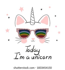 Cute cat unicorn vector illustration. Print for kids.