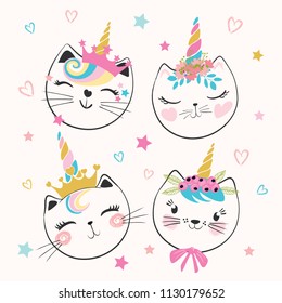 Cute cat unicorns, doodle illustration for kids