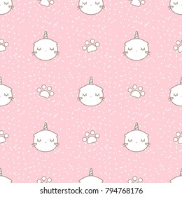 Cute cat unicorn's head decorated with paw seamless pattern on pink background and snow dot in pastel theme.