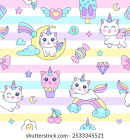 Bonito gato Unicorns e Rainbows Padrão sem costura para impressões têxteis de tecido, scrapbooking, papel de embrulho, embrulho de presente, etc