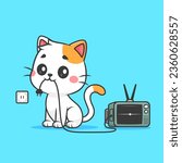 Cute Cat Unplug Television Cable Cartoon Vector Icon Illustration. Animal Technology Icon Concept Isolated Premium Vector. Flat Cartoon Style