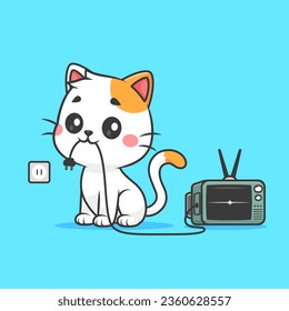 Cute Cat Unplug Television Cable Cartoon Vector Icon Illustration. Animal Technology Icon Concept Isolated Premium Vector. Flat Cartoon Style