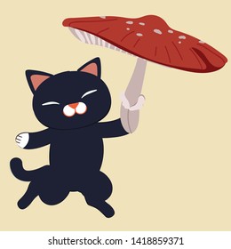The cute cat use big red mushroom like an umbrella in flat vector style.
