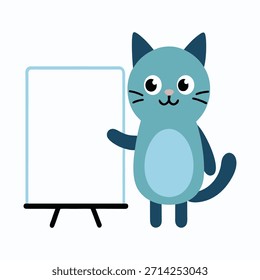 Gato lindo que utiliza la pizarra blanca de la oficina grande durante el proyecto, Ilustración vectorial, gato profesional, espacio de trabajo colaborativo, trabajo en equipo de la oficina, ambiente empresarial moderno