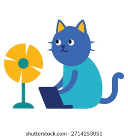Gato lindo que usa el ventilador del escritorio en el día caliente de la oficina, Ilustración vectorial, comodidad de la oficina, espacio de trabajo moderno, gato profesional, productividad, escena del lugar de trabajo