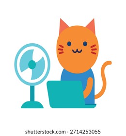 Gato lindo que usa el ventilador del escritorio en el día caliente de la oficina, Ilustración vectorial, comodidad de la oficina, espacio de trabajo moderno, gato profesional, productividad, escena del lugar de trabajo