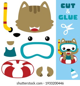 Cute cat using diving goggles with lifebuoy. Education paper game for children. Cutout and gluing. Vector cartoon illustration