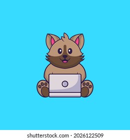 Cute cat using laptop. Animal cartoon concept isolated. Can used for t-shirt, greeting card, invitation card or mascot.