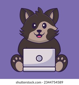 Cute cat using laptop. Animal cartoon concept isolated. Can used for t-shirt, greeting card, invitation card or mascot