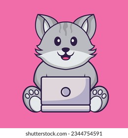 Cute cat using laptop. Animal cartoon concept isolated. Can used for t-shirt, greeting card, invitation card or mascot