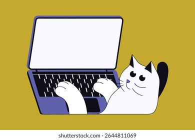 Cute Cat Using Laptop Vector Art illustration