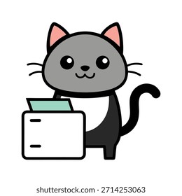 Cute cat using photocopy machine in simple modern vector, office workflow, professional cat, modern workspace, vector illustration, productive workplace scene