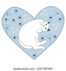 Cute cat valentine. Print for t shirt. Lovely pet. Kitty lay down on a heart shape.