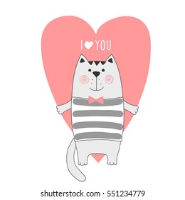 Cute cat. Valentines Day card with cartoon cat holding a heart. Vector illustration.