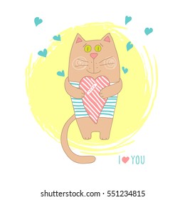 Cute cat. Valentines Day card with cartoon cat holding a heart. vector illustration.