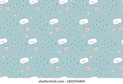 Cute cat for Valentine's Day. Hand draw kitten and  hearts seamless pattern. Vector illustration. Animals cartoon character for wrapping paper, wallpaper, book cover, business, love, pastel