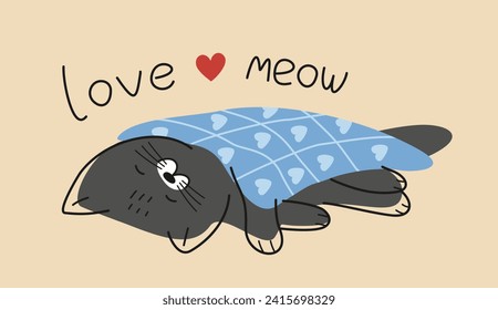 Cute cat for Valentines Day. Romantic sticker with fluffy kitten sleeping under cozy blanket. Pet expresses love and tenderness. Cartoon flat vector illustration isolated on beige background