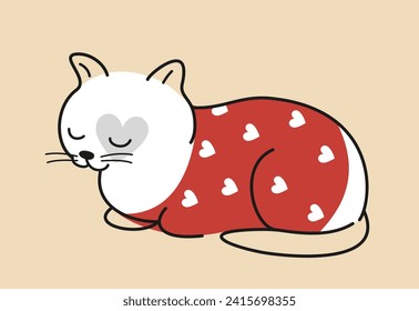 Cute cat for Valentines Day. Romantic sticker with fluffy kitten in warm sweater with hearts. Adorable pet expresses love and tenderness. Cartoon flat vector illustration isolated on beige background