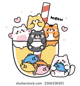 Cute cat various poses in big bubble milk tea cup with fish on white background.Sweet.Meow.Pet animal character cartoon design.Kawaii.Vector.Illustration.