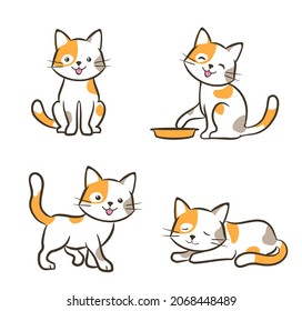 cute cat in various poses  cartoon kitten dreaming  standing  sitting  walking  resting  playing and plate  set orange   white kitty  vector illustration