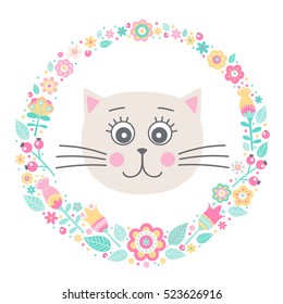 Cute cat. Vector card with hand drawn kitten face and floral wreath. Pastel colors - yellow, pink, white, green. Illustration in flat style. Isolated. On white background.