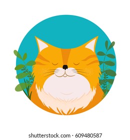 Cute cat. Vector card with hand drawn kitten face with floral wreath. Illustration in flat style. Isolated. On white background.