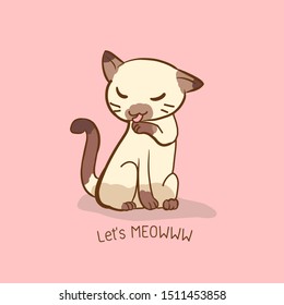 cute cat vector cartoon kawaii Siamese kitty relax sitting licking paw