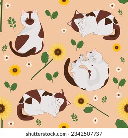 Cute cat vector cartoon sunflower lily flower leaves seamless pattern and background.