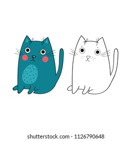 Cute cat vector clipart. Color and outlines. Perfect for coloring pages, greeting cards, postcards, posters, design elements, printables. Funny cartoon style. Hand drawn.