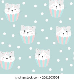 Cute cat vector with cupcake cartoon (Kawaii animal) seamless pattern : Pastel color kid food dessert bakery product fabulous fashion child decoration cafe shop, Invitation post, t-shirt