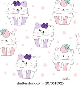 Cute cat vector with cupcake cartoon (Kawaii animal) seamless pattern: Pastel color kid food dessert bakery product fabulous fashion child decoration cafe shop, Invitation post, t-shirt