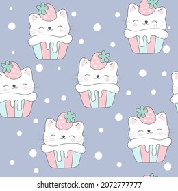 Cute cat vector with cupcake cartoon (Kawaii animal) seamless pattern: Pastel color kid food dessert bakery product fabulous fashion child decoration cafe shop, Invitation post, t-shirt