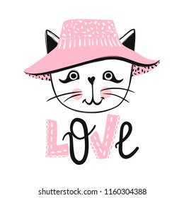 Cute cat vector design. Girly kittens. Fashion Cat's face. Animal print. Cartoon illustration in sketch style. Doodle Kitty. For the design of posters, T-shirts, cards.