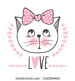 Cute cat vector design. Girly kittens. Fashion Cat's face. Animal print. Cartoon illustration in sketch style. Doodle Kitty. For the design of posters, T-shirts, cards.
